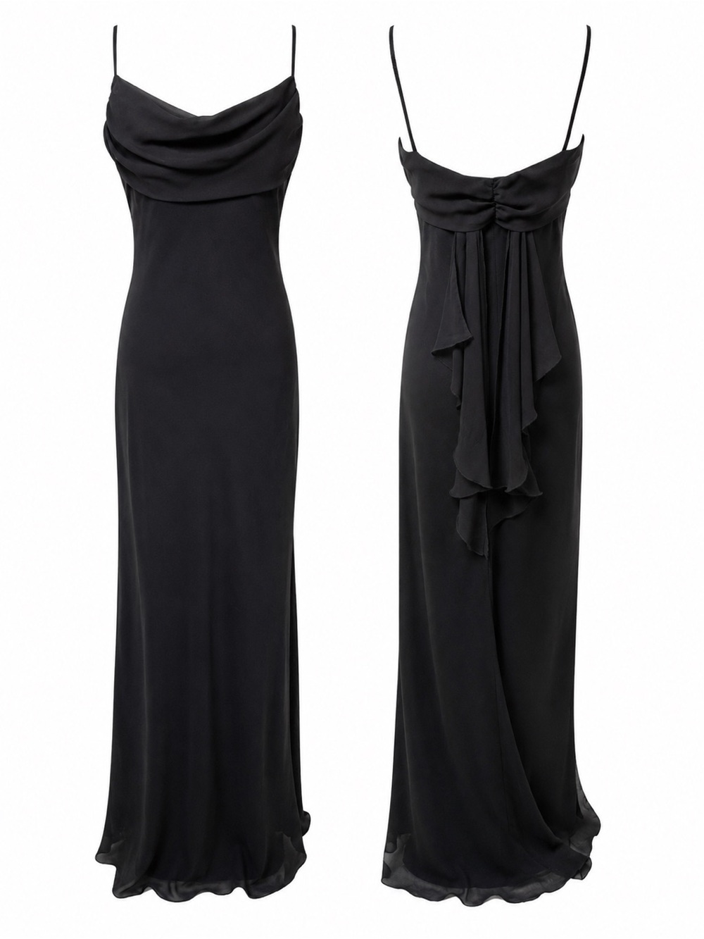 Vtg 90s Be Smart Black Cowl Neck Maxi Dress Sz 5/6 Ruffle Waterfall Back Formal